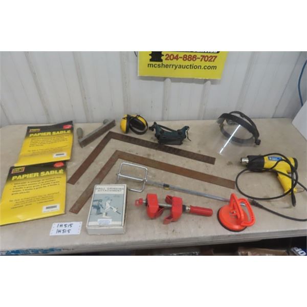 Assorted Tools; Heat Gun, Drill Bit Grinding Attachment, 2 Metal Squares, Paint Mixer, Face Shield, 