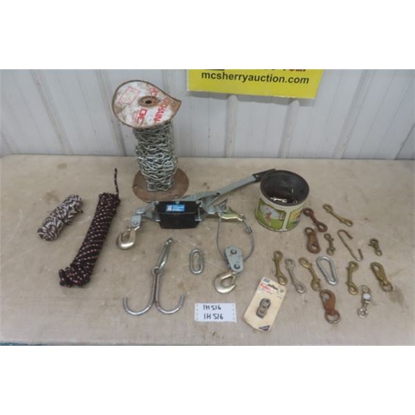  Powerfist 2 Ton Cable Puller, Partial Roll of 3/8" Tenso Chain, Rope, Clips