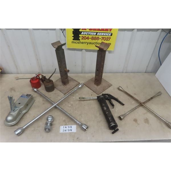 Powerfist Trailer Coupler, 2 Jack Stands ( Home Made), 2 Oilers, Grease Gun, Tire Lug X Wrench, 