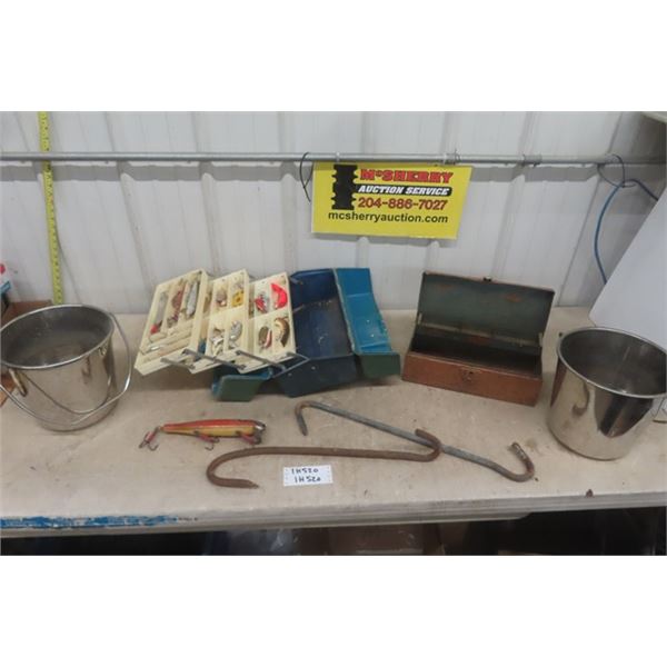 Tackle Box with Vintage Lures, 2 Minnow Buckets, 2 Shark Hooks