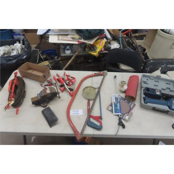 Wooden Bench Vice, Pro Tech Grinder, Hack Saw, Buck Saw, Clamps