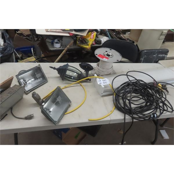 Halogen Lights, Extension Cords, Partial Roll of Household 14/3 Wire, Florescent Light Fixture plus 