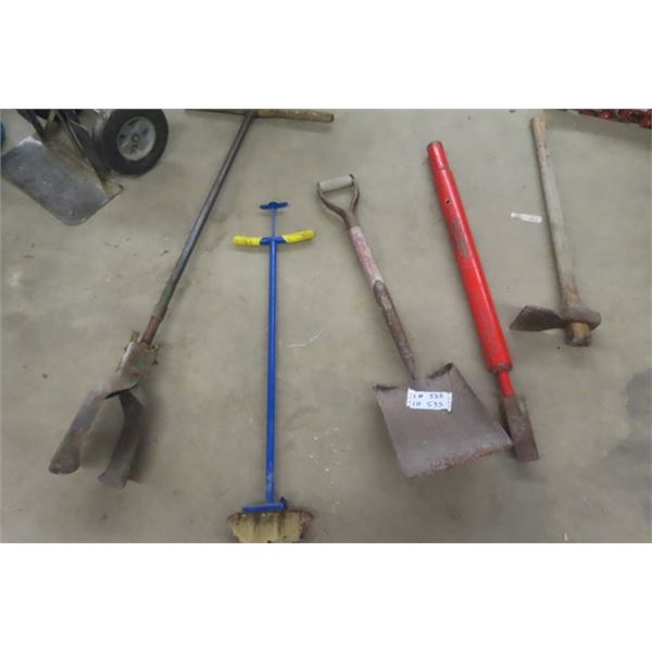 Slide Wood Splitter, Post Hole Digger, Pick, Edger, Shovel + Garbage Can