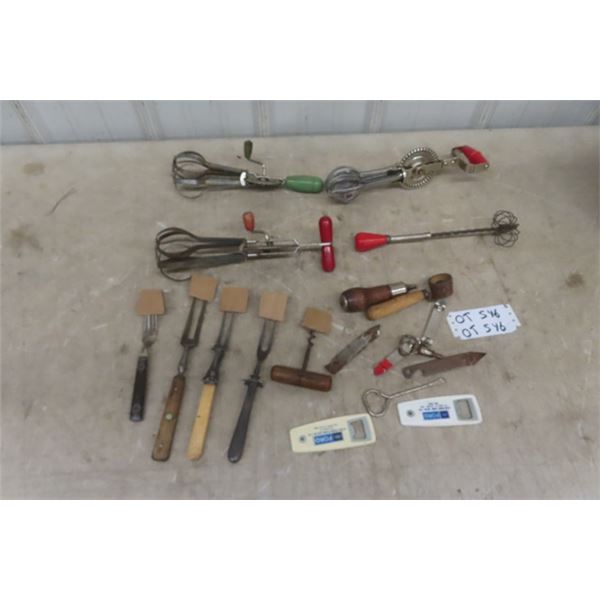 Kitchen Utensils; Egg Beater, Whisks, Carving Forks, Bottle Openers plus more