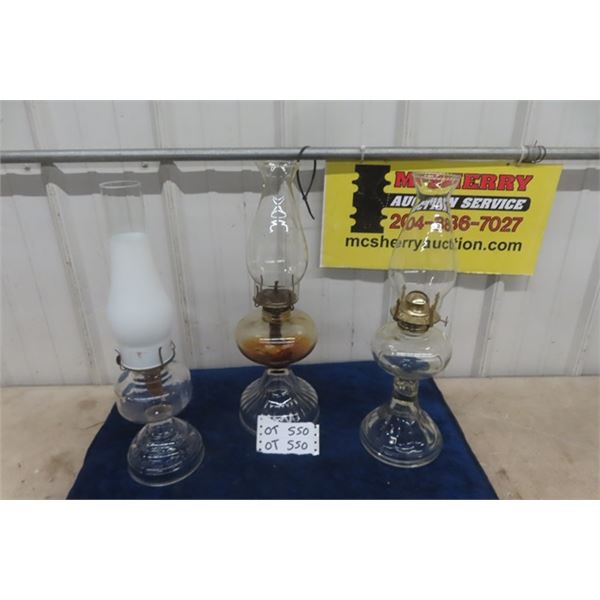 3 Coal Oil Lamps - All with Chimneys