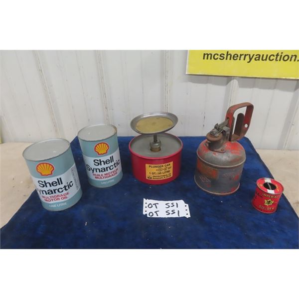 Just Rite SAfety Fuel Can, 2 Shell Quart Oil Tins with Product, 1 Quart Plunger 