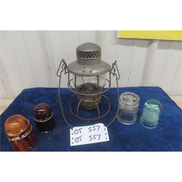 Railway Lantern + 4 Insulators