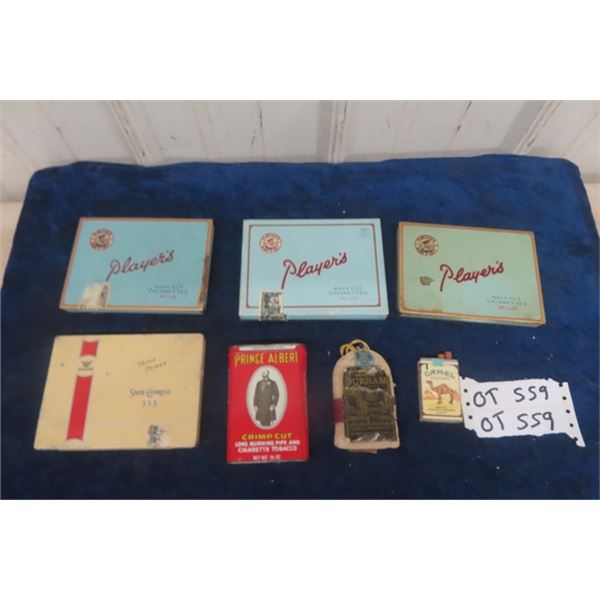 4 Cigarette Tins; Players, Three Threes, Prince Albert Pocket Tin, Durham Tobacco Pouch, Camel Adver