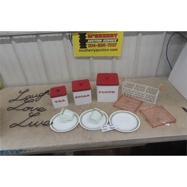 Metal Canister Set, some Correl, Trivet, Slogan Cast Iron