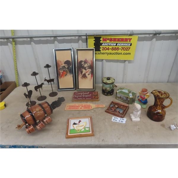 Decanter, Pictures, Candle Holders, Tins, Novelty Complaint Department plus more