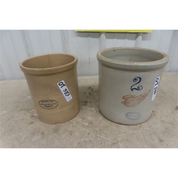 2 Crocks; 1) 2 Gal Red Wing, 1) 1 Gal Medalta - has crack