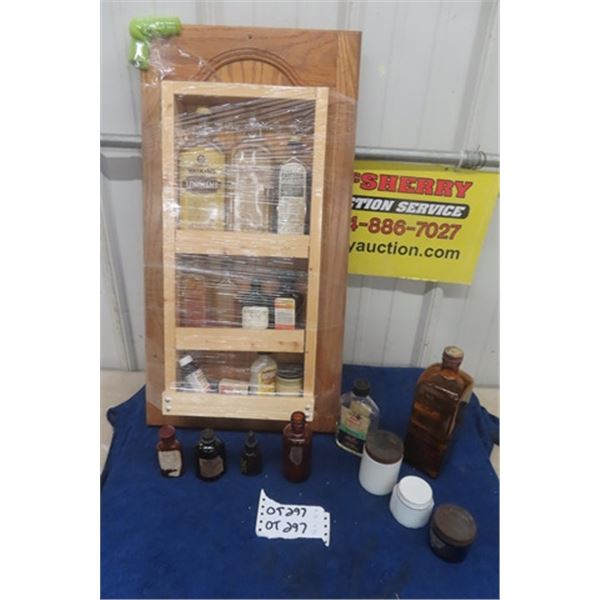 21 Vintage Medicine Bottles + Nice Wooden Display Shelf