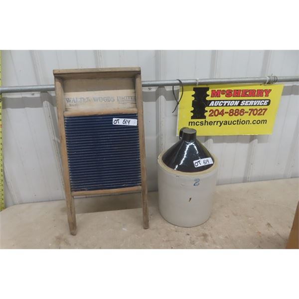 2 Gal Crockery Jug + Walter Woods Washboard