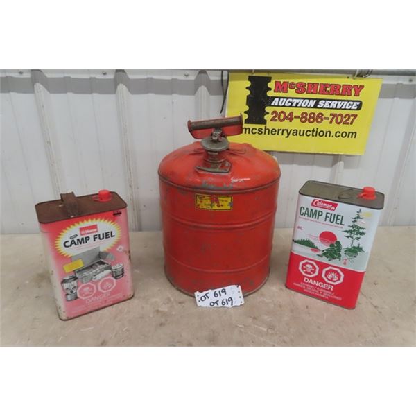 2 Coleman Camp Fuel Tins 4L- 1 with Product + Fuel Safety Can