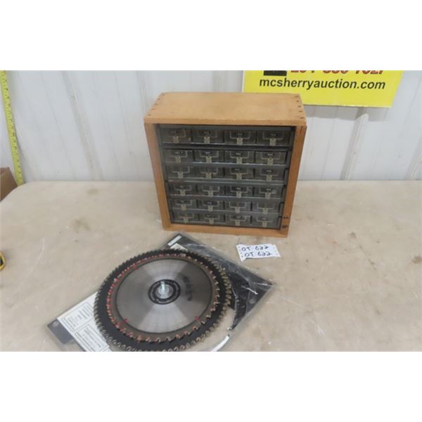 4 Circular Saw Blades, 24 Pigeon Hole Organizer with: Nuts, Bolts, Screws, Hardware