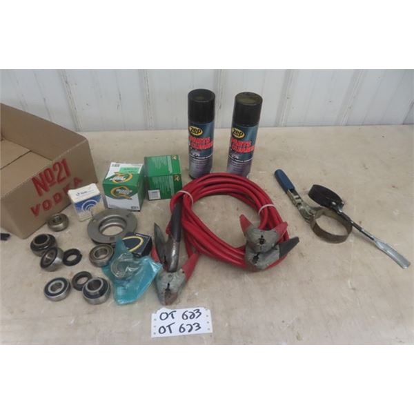 Booster Cables, Bearings, Filter Wrench, 2 New Cans of Parts Cleaner, 2 Ford Cap Filters 