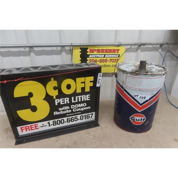 Gulf 5 Gal Oil Pail, Bowser Topper 2 Sided Sign 16.5"×22"