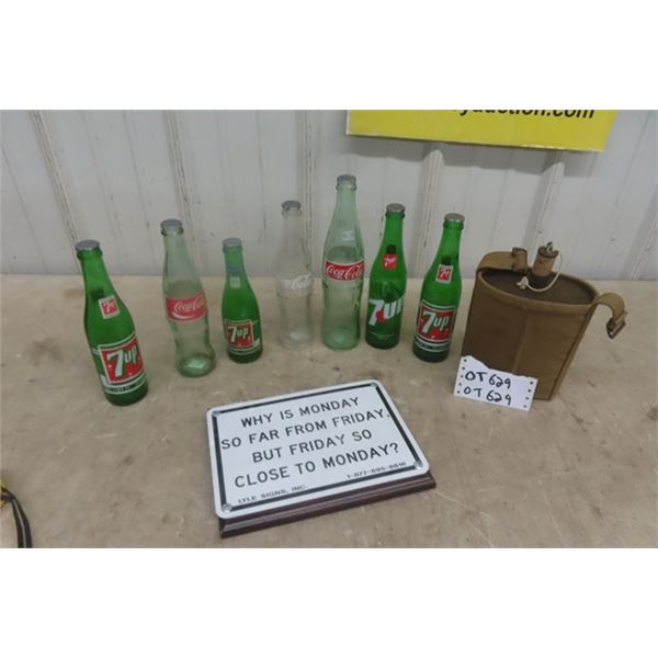 7 Pop Bottles, Military Canteen, Slogan Sign 