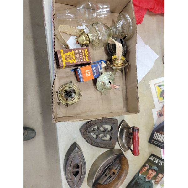 Coal Oil Lamp + Parts Burner Mantle plus Sad Iron with Rest