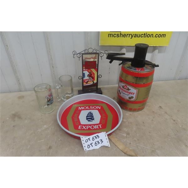 Johnny Walker Mirrored Display, Metal Molson Tray, Keg, Mugs