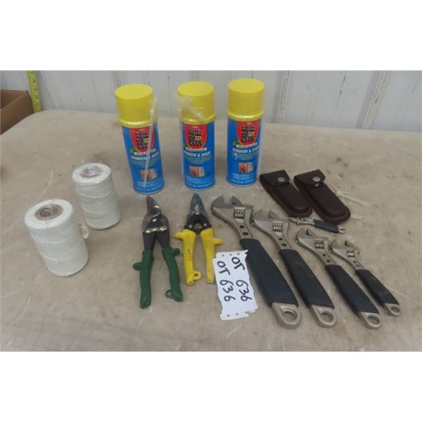 5 Crescent Wrenches, 2 Tin Snips, 3 Sealed Window/ Door Sealant + 2 Rolls of String