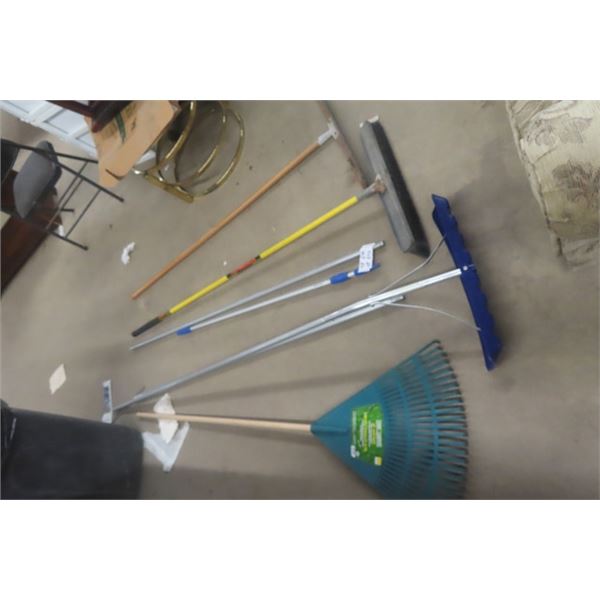 4 Yard Tools: Rake, Roof Rake, Push Broom, Squeegee 