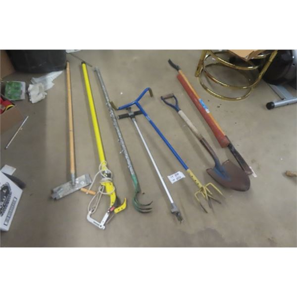 8 Hand Yard Tools: Branch Cutter, Garden Claw, Scuffler, Spade, Edger, Weed Puller, Pick Handle