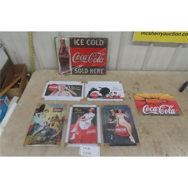 Cola Rally Signs 7 Assorted Tin Modern Coca Cola Signs , Largest is 16'' x 12''
