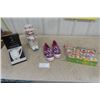 Image 1 : Hanna Barberra Treat Boxes, Precious Moments Doll on Stand, George Clooney Mug, Pair of Coach Leathe