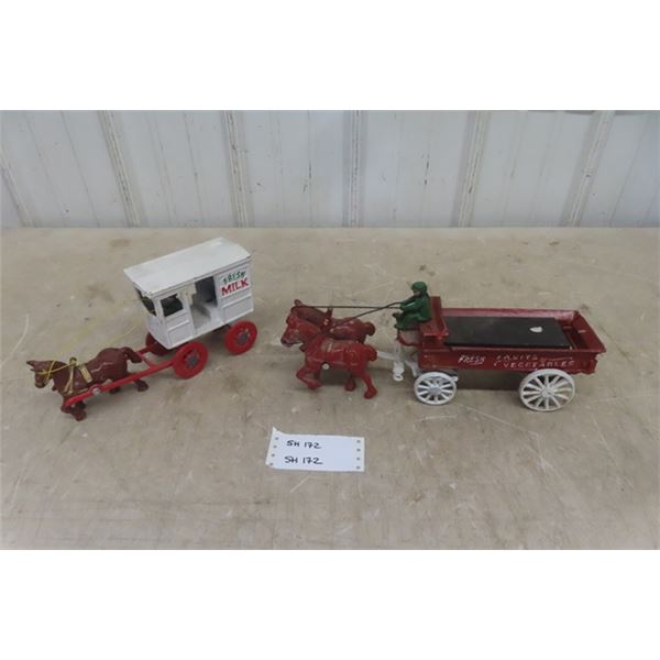 2 Cast Iron Modern Toys ; Milk Truck & Fruits + Veggie Wagon - Longest is 15  