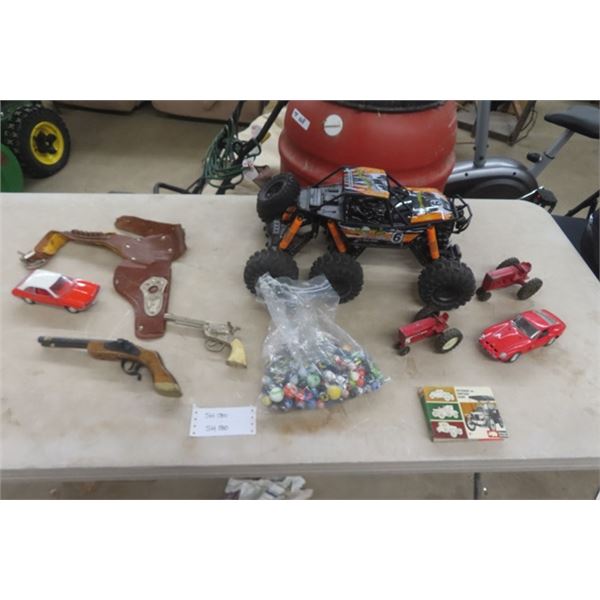 6 Wheel Drive Battery Operated Toy, Die Cast Pinto, 2 Die Cast Tractors, Bag of Marbles, 2 Toy Guns,