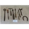 Image 1 : 9 Pieces of Forge Tools - Wagon Wrench, Soldering Irons, Slag Hammer, Ladle, Horse Shoe  