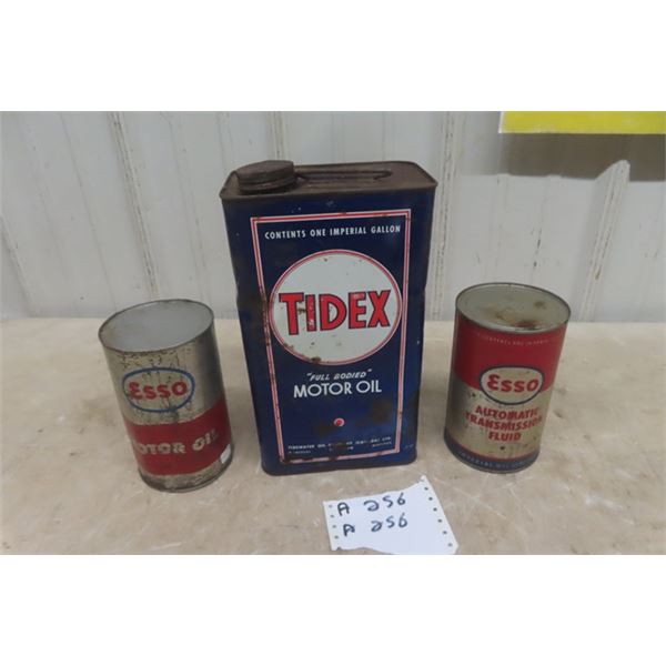 3 Oil Cans - Esso Quartz Oil, Esso Quartz Trans Oil, Tidex 1 Gal 