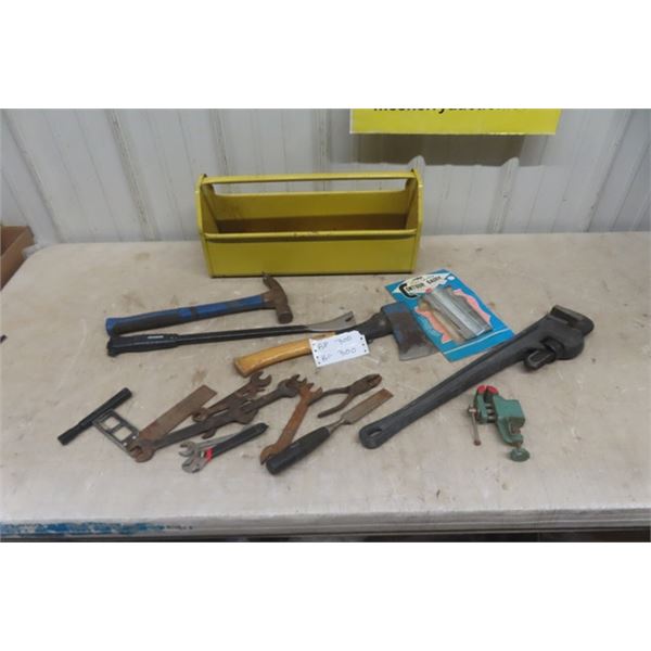 24'' Tool Box with Pipe Wrench, Small Vice, Hammers, Hatchets, Gauge, Odds Tools