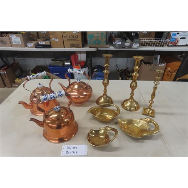 3 Copper Teapots,  Brass Candle Sticks, Brass Bird Bowls 