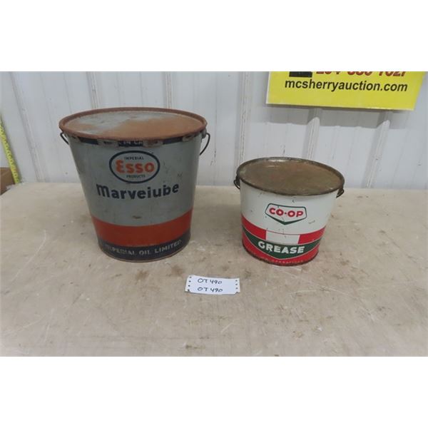 Co-Op 10lb Grease Pail with Contents, Esso Marvellube 25lb Oil Pail ...