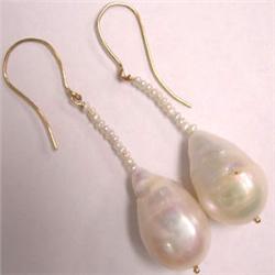 14K GOLD 32x12 MM SOUTH SEA PEARL DANGLE EARRINGS