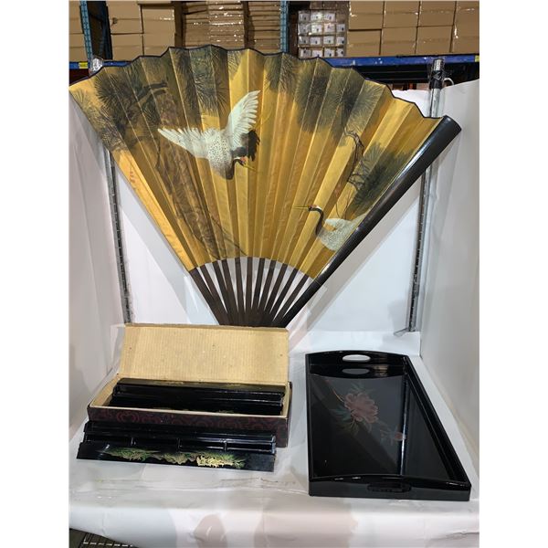 Lot of Asian Tray, Large Fan, Box of Desk Organizers