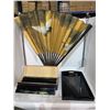 Image 1 : Lot of Asian Tray, Large Fan, Box of Desk Organizers