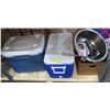 Image 1 : Two Coleman Coolers, sink and assorted frying pans.