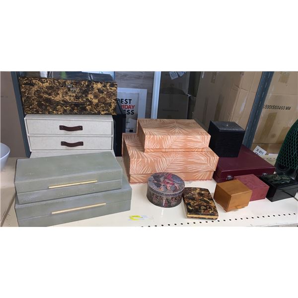 Shelf of assorted Cupboard boxes and Jewelry cases