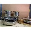 Image 2 : Shelf of assorted silver Plate and Stainless steal serving items.