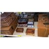 Image 1 : Shelf of assorted wicker Trunks and Collectible boxes
