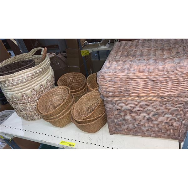 Shelf of wicker baskets