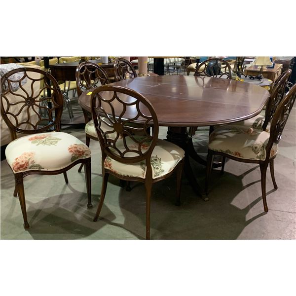 Mahogany Pedestal Dining Table & 7 Web Back Chairs (Table 54  round with 20  leaf )