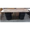 Image 2 : Barrel and plank rustic table (Approx. 72 in long x 22 in deep and 30 in high)