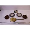 Image 1 : Vintage Hand Mirror, (2) Condiment Dishes, (2) Wood Trivets, Candle Holder