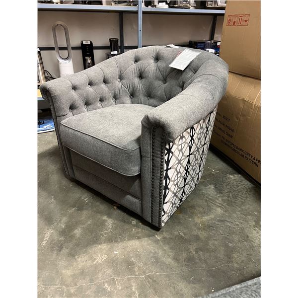 BRAND NEW COMFORTLAND GREY TUFTED SWIVEL ACCENT CHAIR - RETAIL $899 W/ GEL AND FEATHER CUSHION FOR E