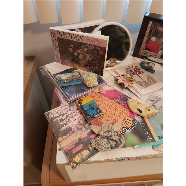 Collection of note cards, fridge magnets, quartz clock & mirror