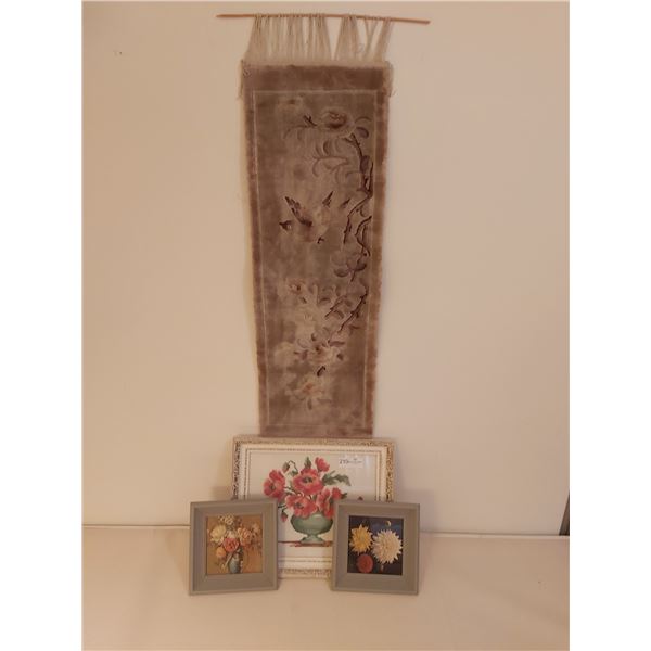 Carpet Wall Hanging & 3 Floral Pictures